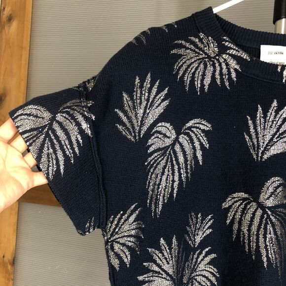 CINQ A SEPT 30% Wool Navy Metallic Palm Exposed Seam Short Sleeve Sweater Sz XS - Picture 3 of 9